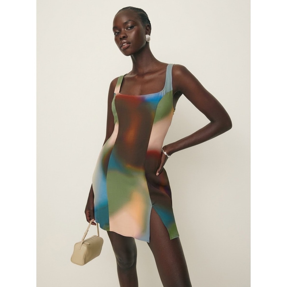 Reformation Noha Mini Dress 4 Green Blue Blur Abstract Print Square Neck Party